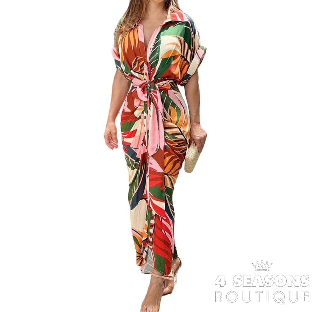 Wefads Women Lapel Tie Leaf Print Midi Dress Short Sleeve Long Skirt Sexy Party Elegant High