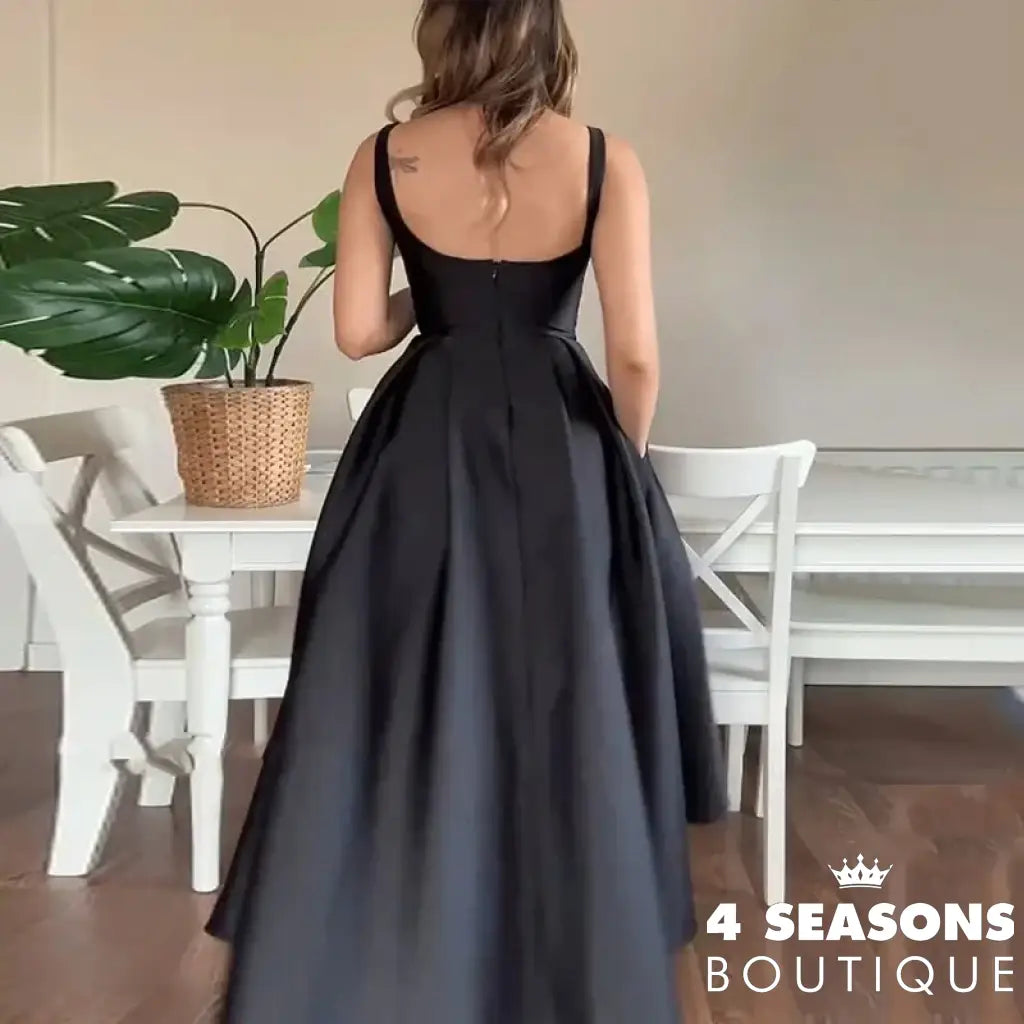 Ellafads Party Long Dress Women Summer Elegant Solid Sleeveless Pocket Suspender Round Neck Pleated