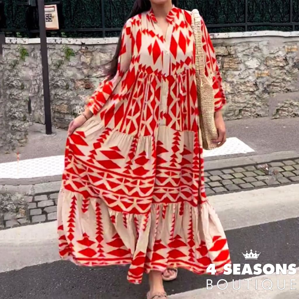 Ellafads Women Maxi Dress Fashion Casual Loose Style Long Sleeve Art Print V Neck With Button Skirt