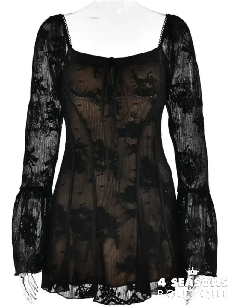 Lace Flare Sleeve High Waist Mini Dress Women Square Collar Low Cut Backless Pleated Dresses 2024