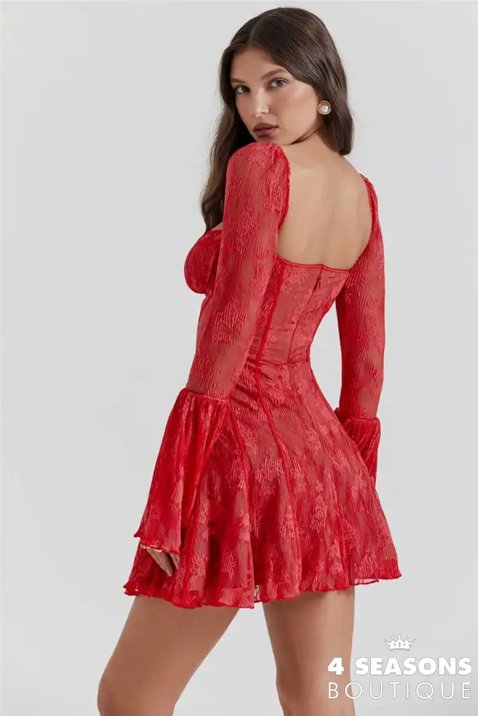 Lace Flare Sleeve High Waist Mini Dress Women Square Collar Low Cut Backless Pleated Dresses 2024