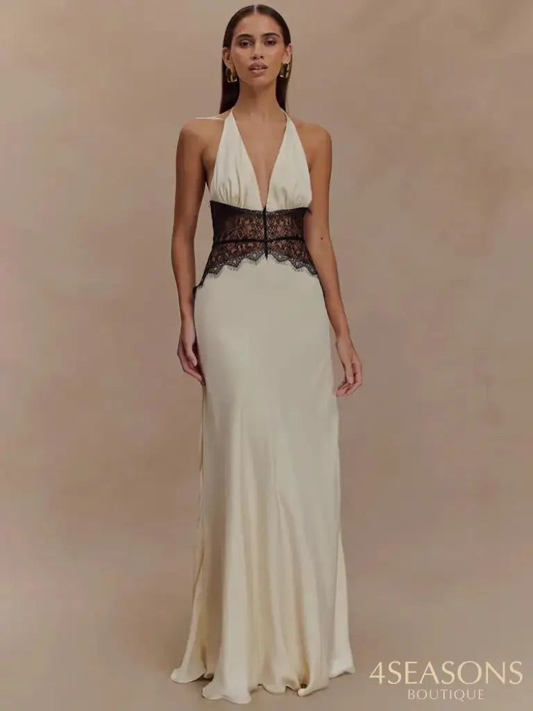 Mozision Summer Backless Sexy Maxi Dress Women Gown Patchwork Lace Halter Deep V Neck Sleeveless High Waist Elegant