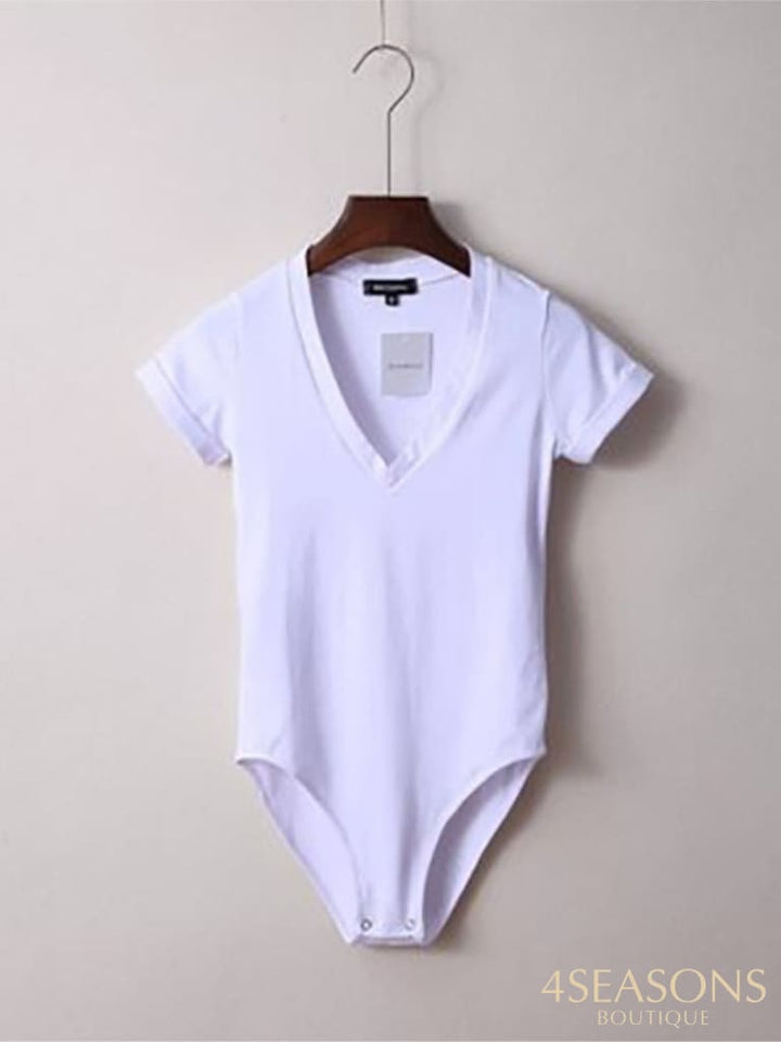 Summer New Solid Color Sexy Big V-Neck Slim Slimming One-Piece Short-Sleeved T-Shirt Women's