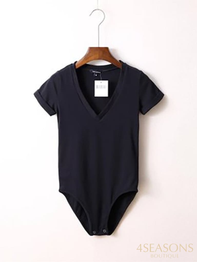 Summer New Solid Color Sexy Big V-Neck Slim Slimming One-Piece Short-Sleeved T-Shirt Women's