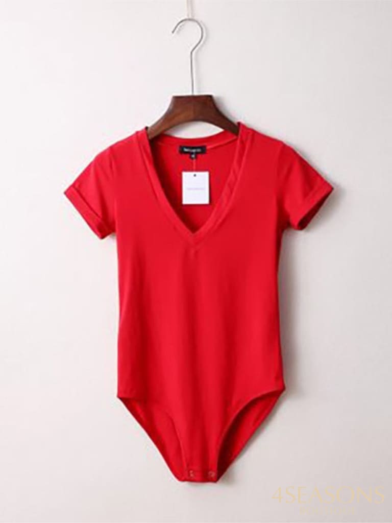 Summer New Solid Color Sexy Big V-Neck Slim Slimming One-Piece Short-Sleeved T-Shirt Women's