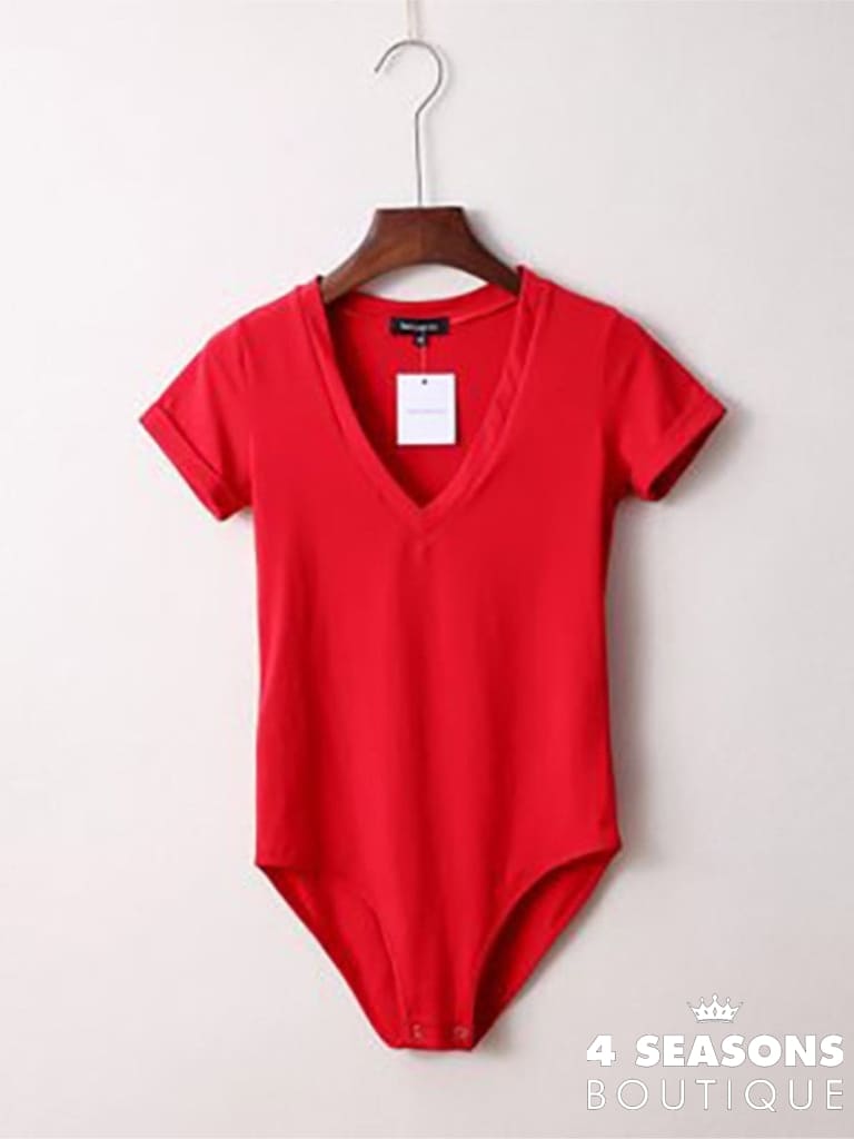 Summer New Solid Color Sexy Big V-Neck Slim Slimming One-Piece Short-Sleeved T-Shirt Women&#39;s