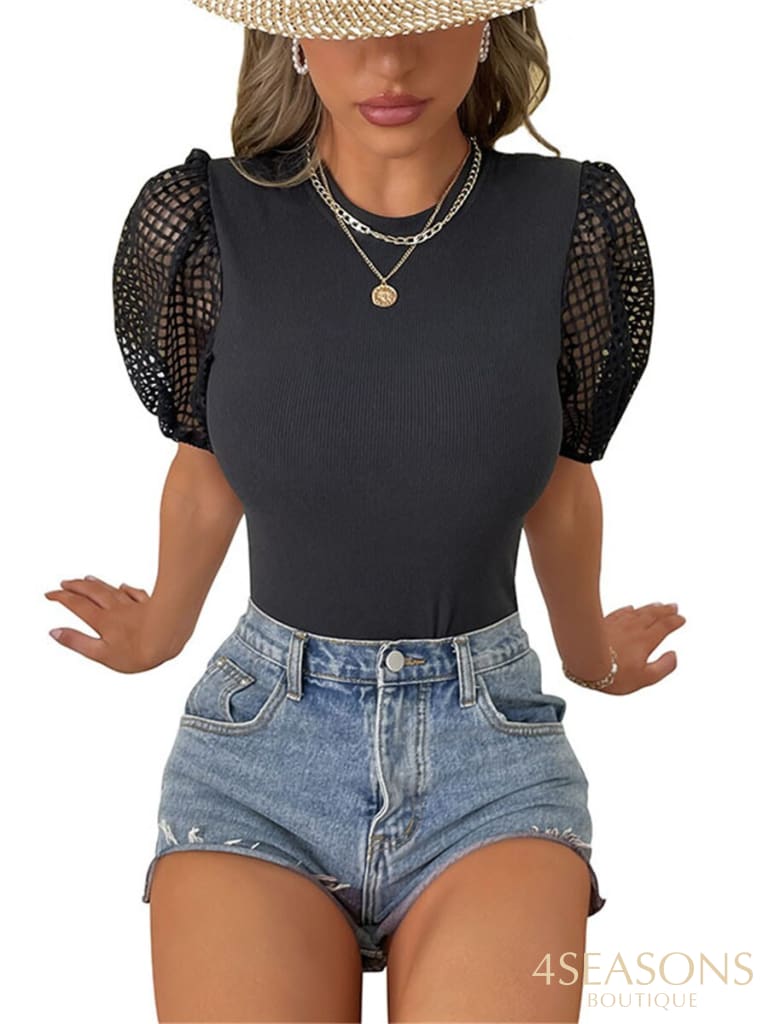 Bodysuit Women Sexy Slim Short Mesh Sleeve Bandage Body Feminino O-Neck Rompers Overalls Bodycon