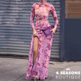 Ellafads Women Autumn Long Dress Printed Turtleneck Long Sleeve Nipped Waist Twist-Knot Slit Pleated Irregular Dress