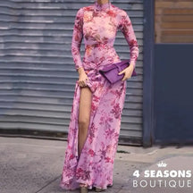 Ellafads Women Autumn Long Dress Printed Turtleneck Long Sleeve Nipped Waist Twist-Knot Slit Pleated Irregular Dress