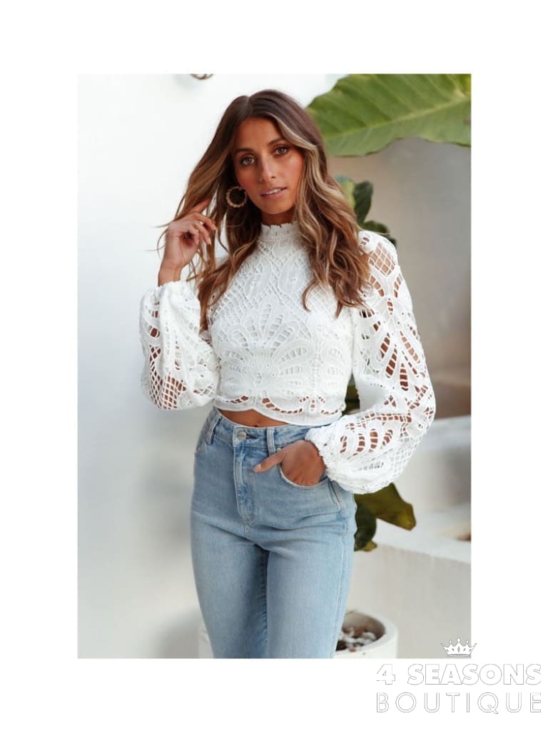 Sexy Long Sleeve Lace Blouse Women Tops Casual White Crochet Hollow Out Cropped Women&#39;s Shirt