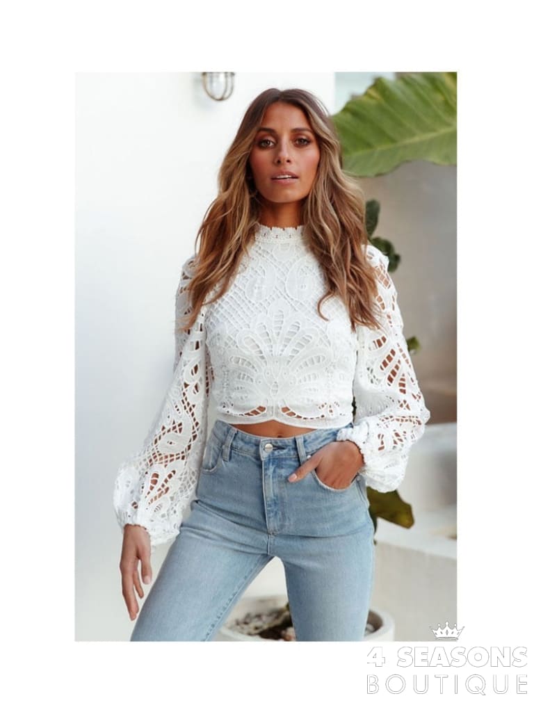 Sexy Long Sleeve Lace Blouse Women Tops Casual White Crochet Hollow Out Cropped Women&#39;s Shirt