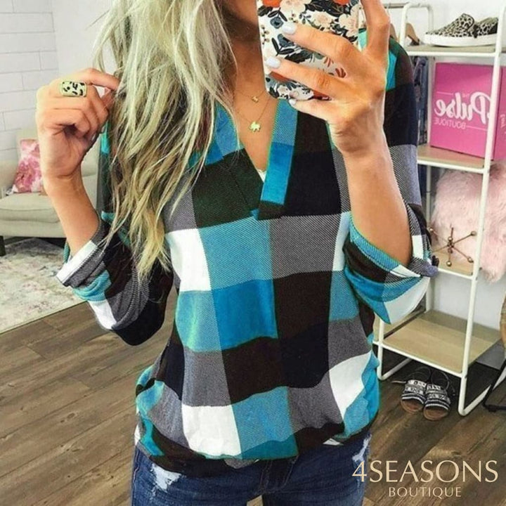 2022 Women Shirts Autumn Casual Plaid Shirt For Tops And Blouses Long Sleeve Red Ladies Aqua Blue /