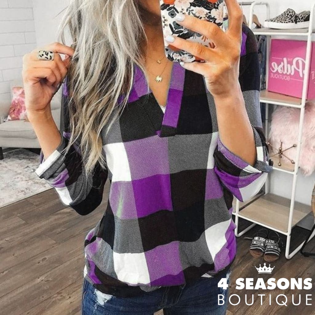2022 Women Shirts Autumn Casual Plaid Shirt For Tops And Blouses Long Sleeve Red Ladies Purple / S