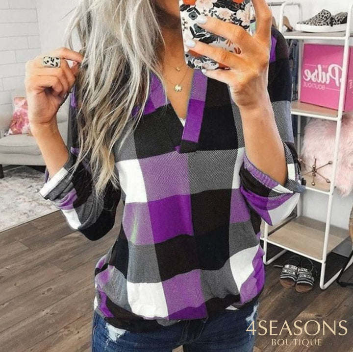 2022 Women Shirts Autumn Casual Plaid Shirt For Tops And Blouses Long Sleeve Red Ladies Purple / S