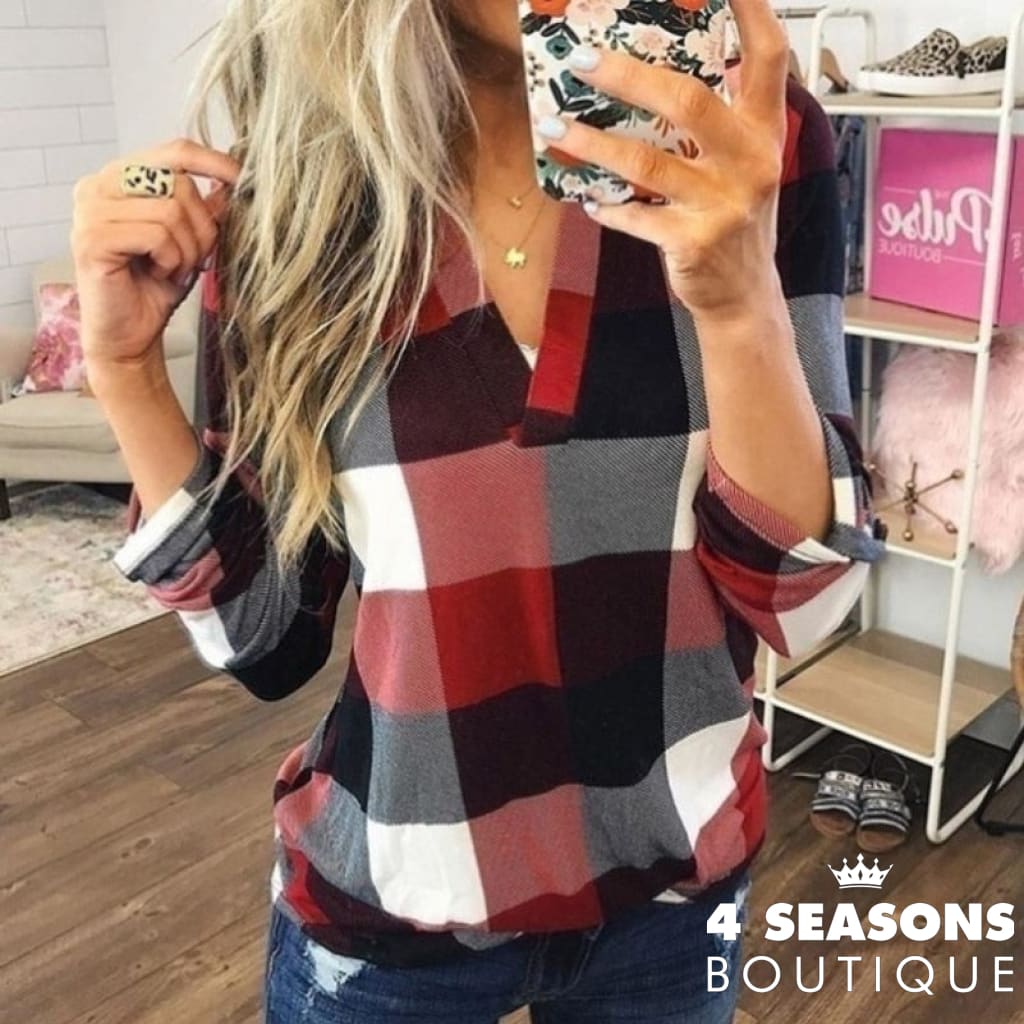 2022 Women Shirts Autumn Casual Plaid Shirt For Tops And Blouses Long Sleeve Red Ladies / S