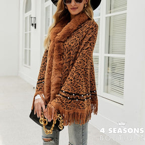 Pullovers Women Sweaters Leopard Grain Collars Tassel Hem Autumn Winters Warm Knitting Scarf Shawl