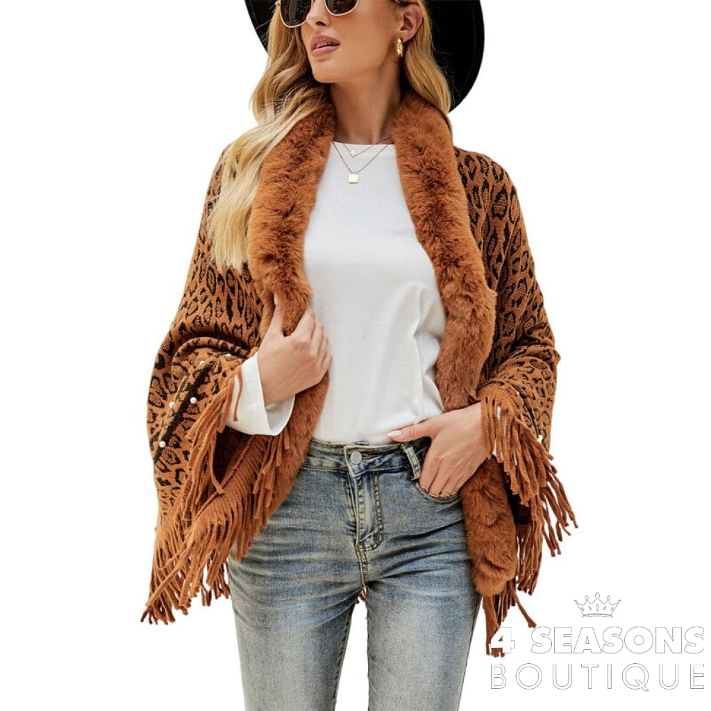 Pullovers Women Sweaters Leopard Grain Collars Tassel Hem Autumn Winters Warm Knitting Scarf Shawl