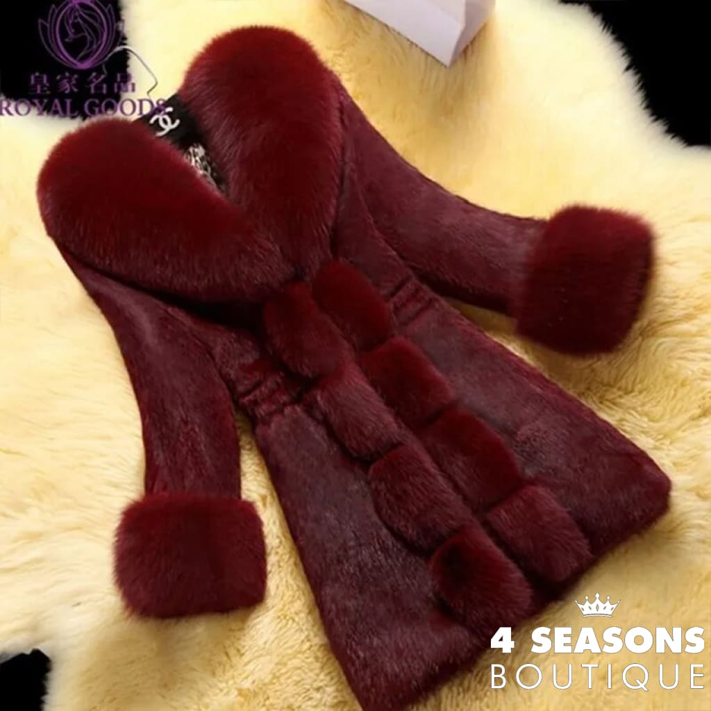 Warm Clothing Fashion Faux Fur V Neck Long Sleeve Coat Ladies Plush Claret / S