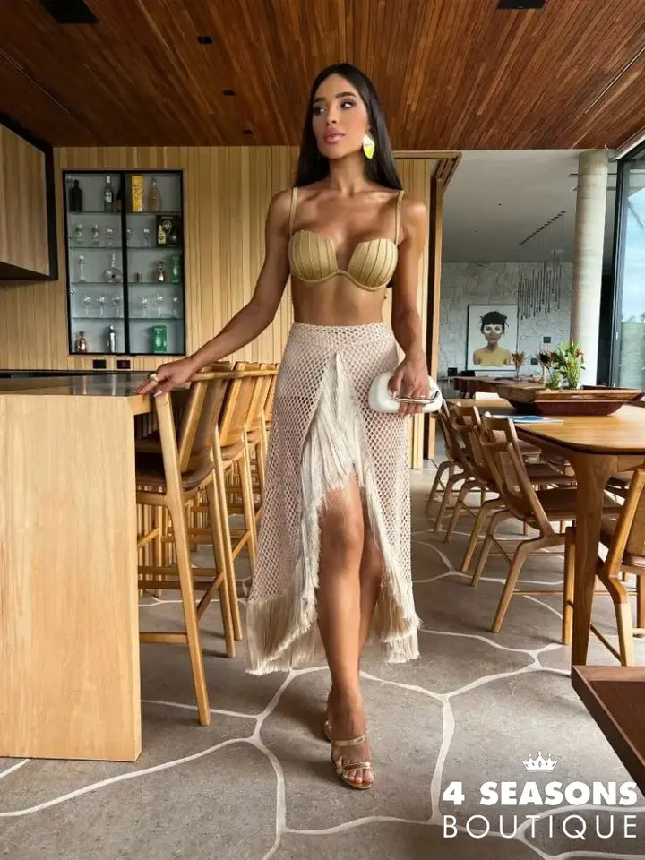 Sexy 3 Pcs Tassel Skirt Women Bikini And Underwire Swim Suit High Leg Bathing Beach Vacation Casual
