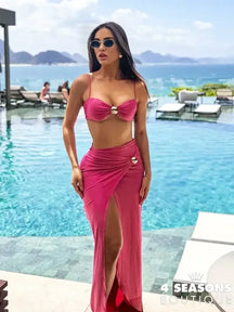 3 Piece Bikini Sets Spaghetti Strap Swimsuits 2025 Women Sexy High Split Beachwear Long Skirt