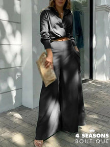 2022 New Long Sleeve Lapel V Neck Shirts + High Waist Pockets Pants Suit Lady Office Set Summer