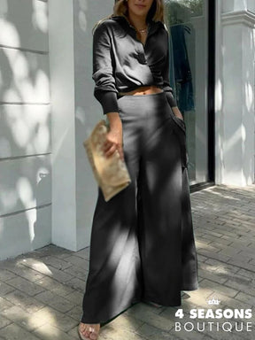 2022 New Long Sleeve Lapel V Neck Shirts + High Waist Pockets Pants Suit Lady Office Set Summer