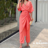 Liyong Women Two Piece Set Autumn Fashion Solid V Neck Waist Pleated Lace Up Half Sleeve Casual