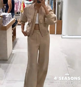 Wefads Autumn Women 2 Piece Set Casual Simple Solid Long Sleeve Round Neck Zipper Jacket Top Loose