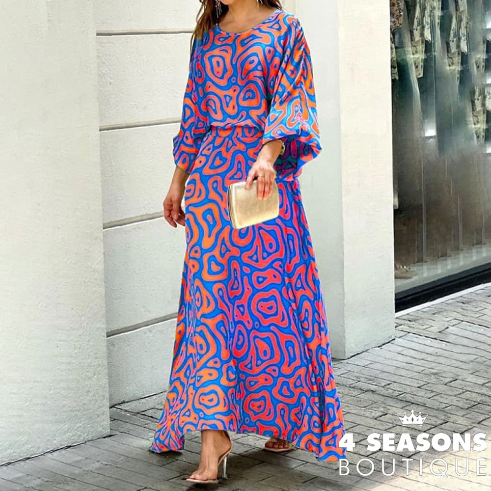 Wefads Women Two Piece Set Crew Neck Print Long Lantern Sleeve Top Elegant Dress High Streetwear