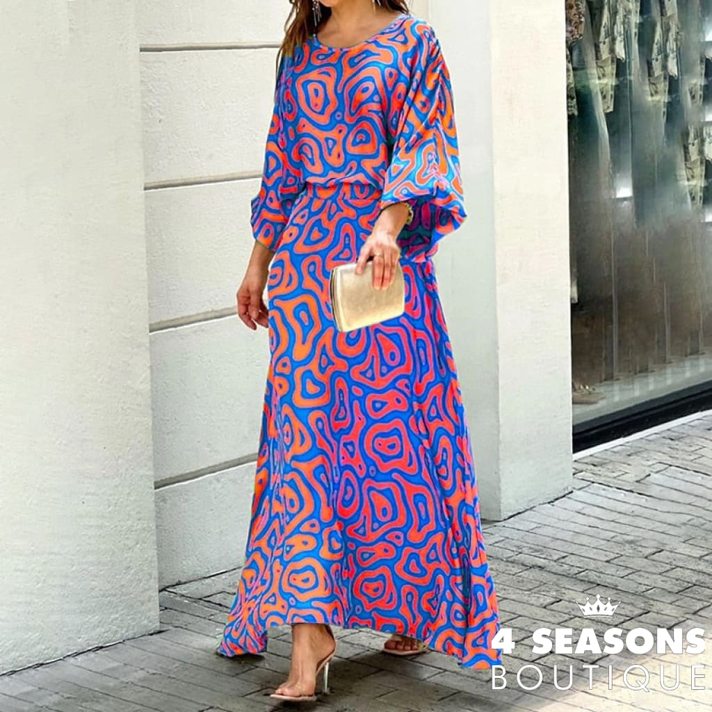 Wefads Women Two Piece Set Crew Neck Print Long Lantern Sleeve Top Elegant Dress High Streetwear