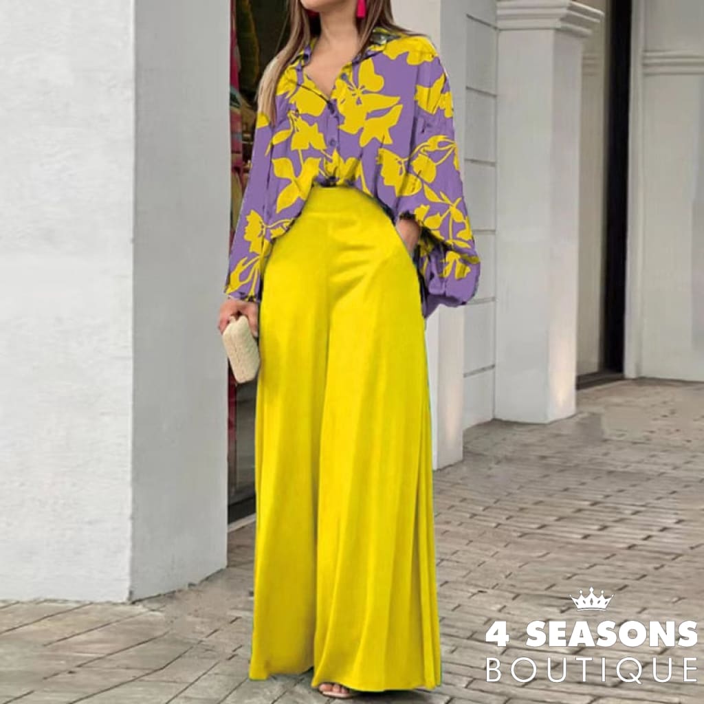 Autumn Summer Fashion Shirts Wide-Leg Pants Sets Womens Long Sleeve Casual Loose Printed Two Piece