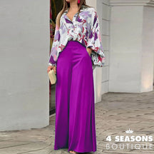 Autumn Summer Fashion Shirts Wide-Leg Pants Sets Womens Long Sleeve Casual Loose Printed Two Piece