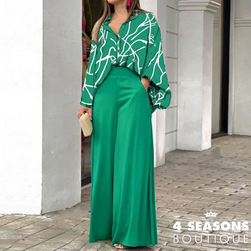 Autumn Summer Fashion Shirts Wide-Leg Pants Sets Womens Long Sleeve Casual Loose Printed Two Piece
