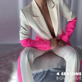 Wefads Autumn Two Piece Set Women Office Fashion Long Sleeve Lapel Commuter Color Stitching Top