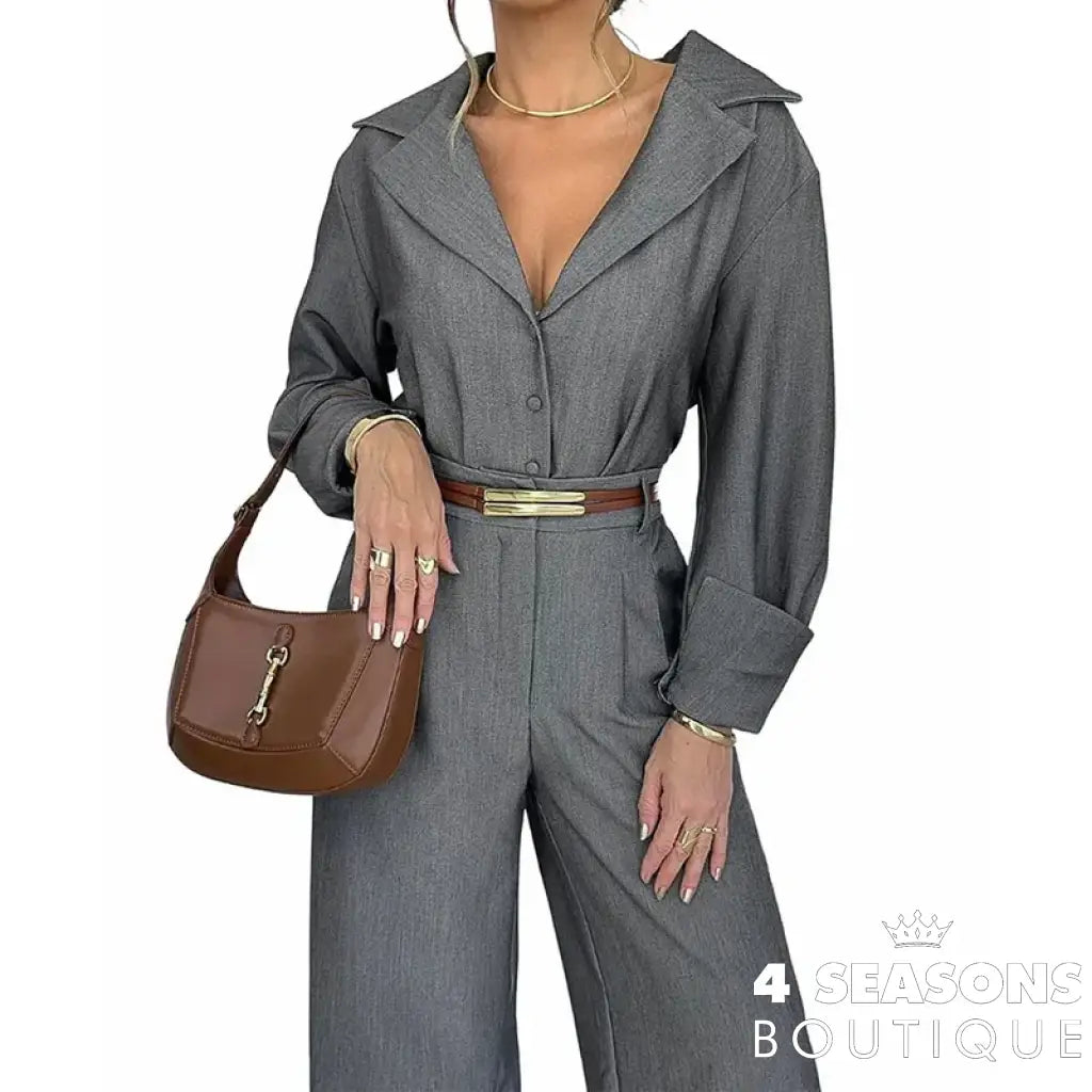 Wefads Women Two Piece Set Fashion Solid V Neck Lapel Long Sleeve Singe Breasted Button Top Loose