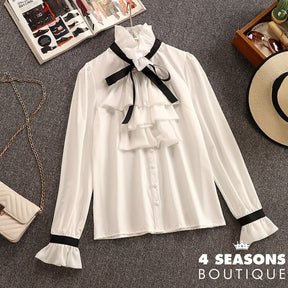 2021 Autumn Winter 2 Piece Set Overalls Dress Women Elegant Ruffles Chiffon Bow Shirt Top+Double