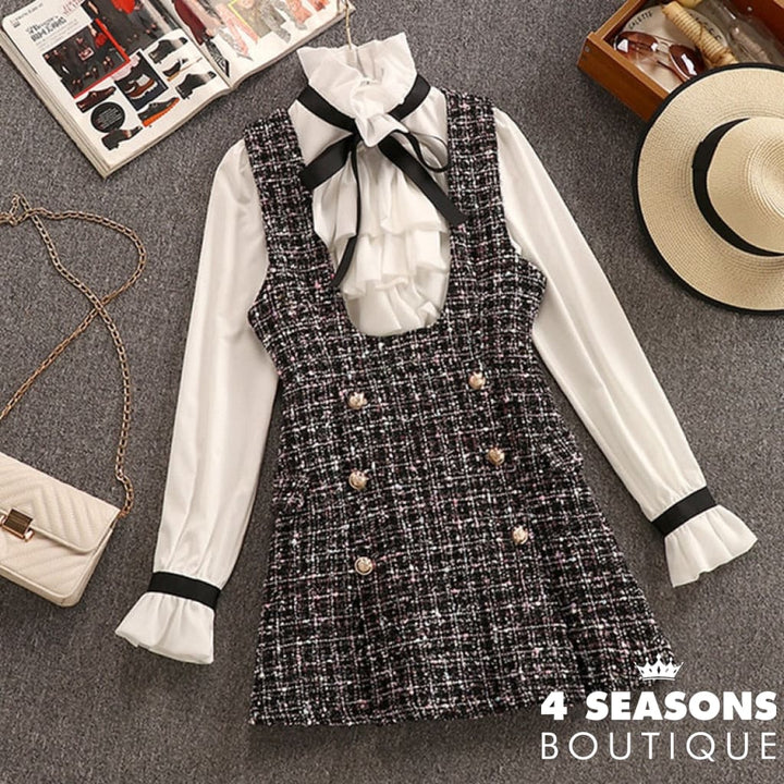 2021 Autumn Winter 2 Piece Set Overalls Dress Women Elegant Ruffles Chiffon Bow Shirt Top+Double