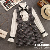 2021 Autumn Winter 2 Piece Set Overalls Dress Women Elegant Ruffles Chiffon Bow Shirt Top+Double