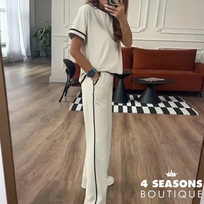 Liyong Women Two Piece Set Summer Commuting Casual Solid Round Neck Short Sleeve Black Line Top