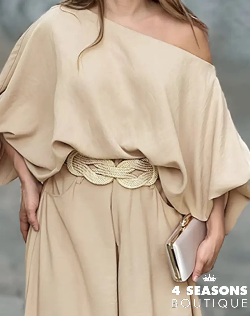 Women’s Casual Two-Piece Set Skew Neck Lantern Sleevetop&Wide Leg Pants 2024 Spring/Summer Latest