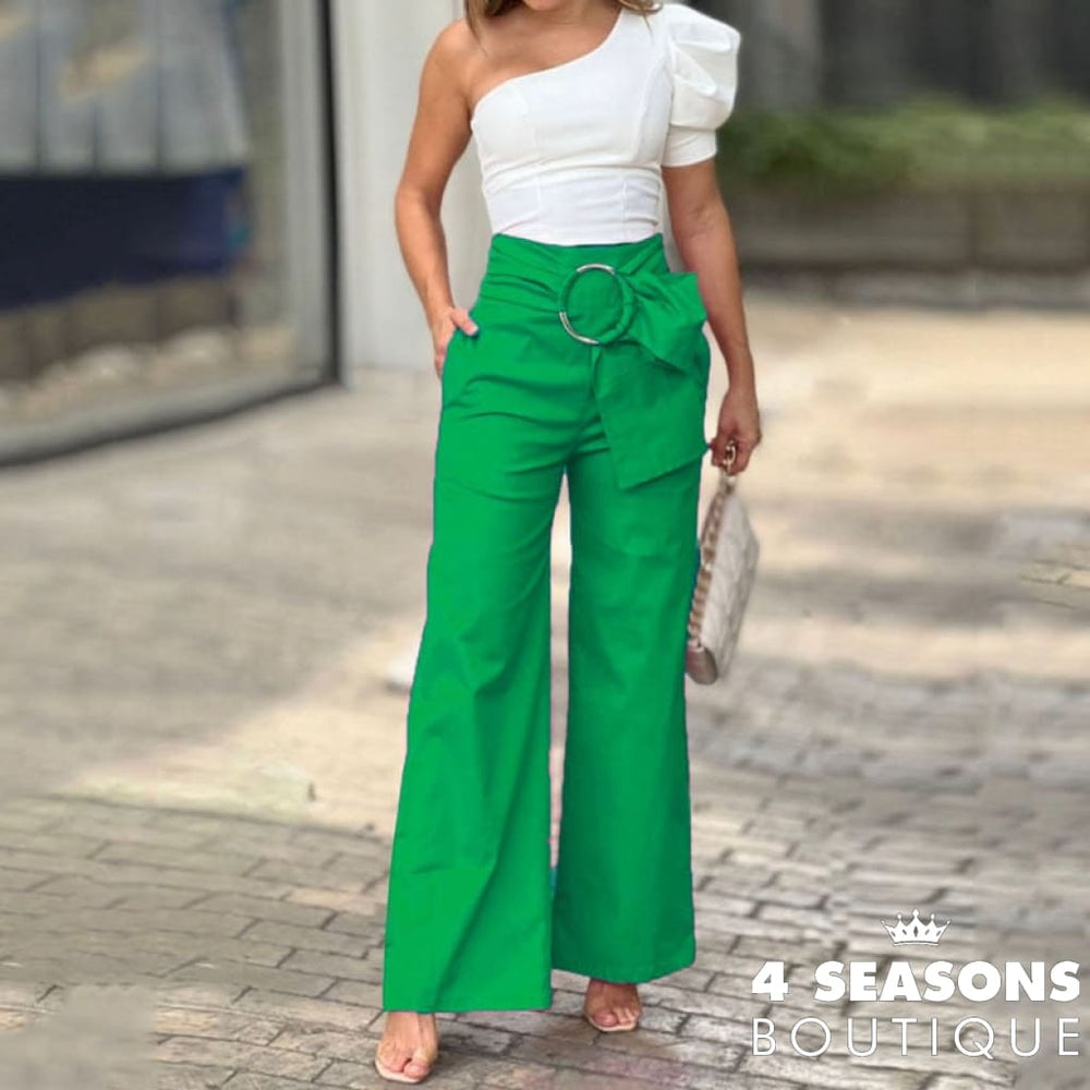 Liyong Women Two Piece Set Sexy One Shoulder Puff Sleeve Solid Color Top Loose Wide Legs Lace Up