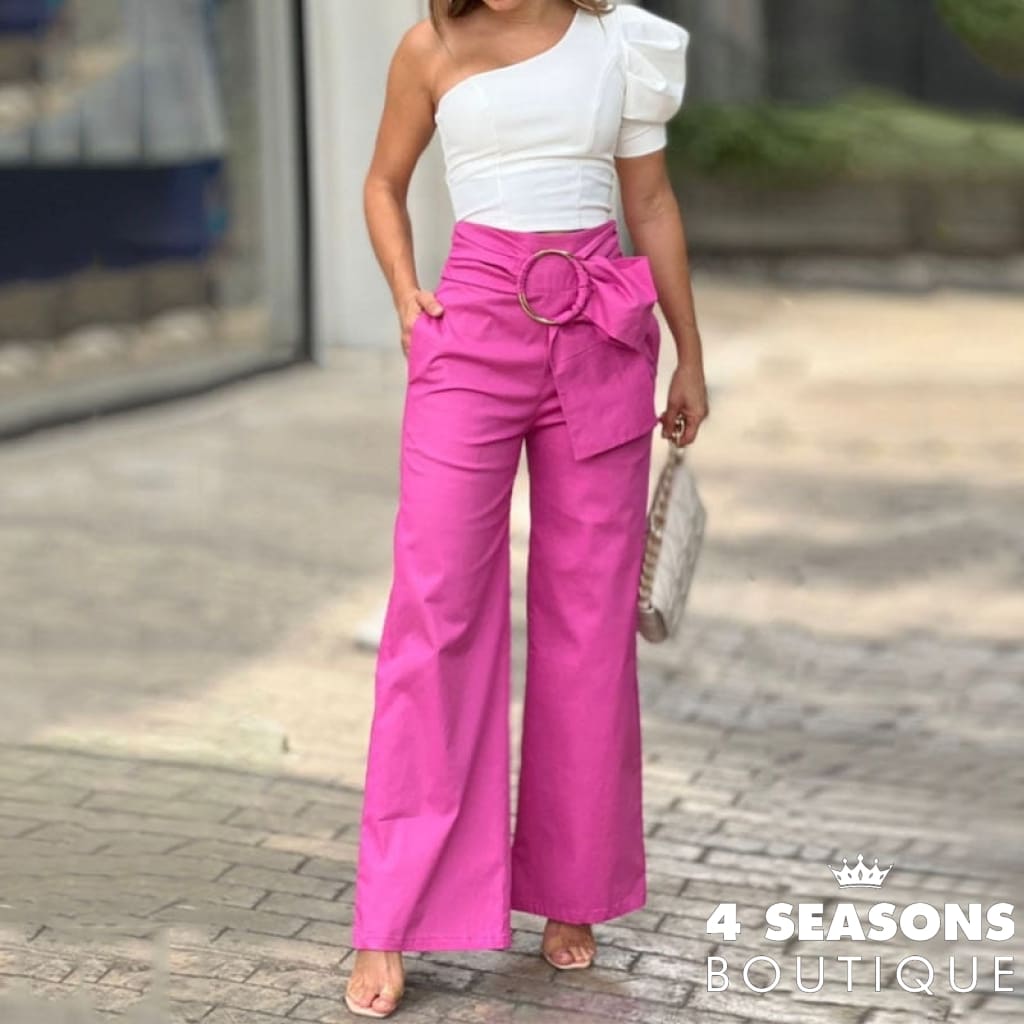 Liyong Women Two Piece Set Sexy One Shoulder Puff Sleeve Solid Color Top Loose Wide Legs Lace Up