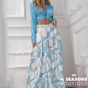 Wefads Women Two Pieces Sets Sexy V-Neck Long Sleeves Lapel Solid Color Top Rope Print Wide Leg