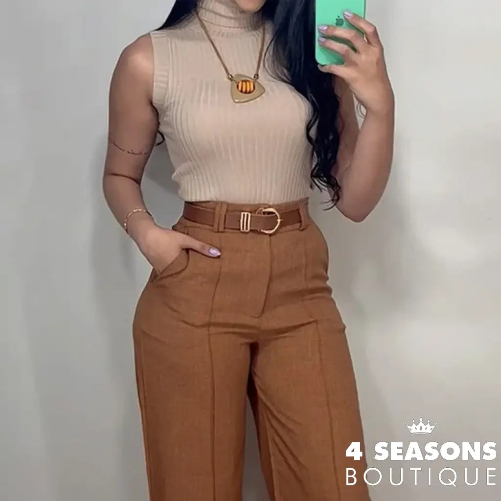 Wefads Women Two Piece Sets Fashion Solid High Collar Sleeveless Tank Slim Top Straight Long Pants