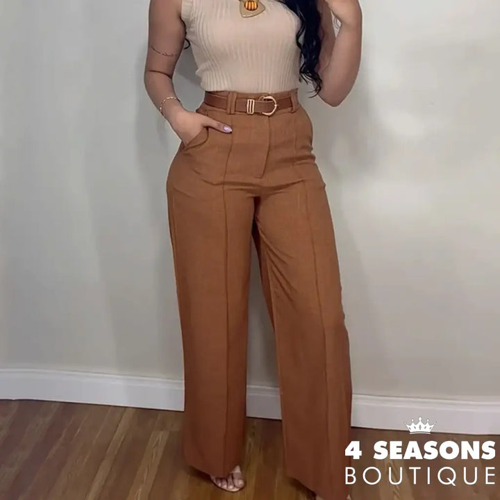 Wefads Women Two Piece Sets Fashion Solid High Collar Sleeveless Tank Slim Top Straight Long Pants