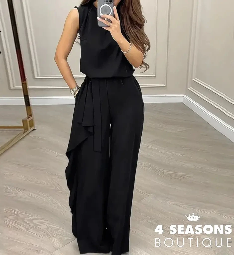 Wefads 2 Piece Set Women Fashion Casual Round Neck Solid Sleeveless Pullover Top Loose With Ruffled