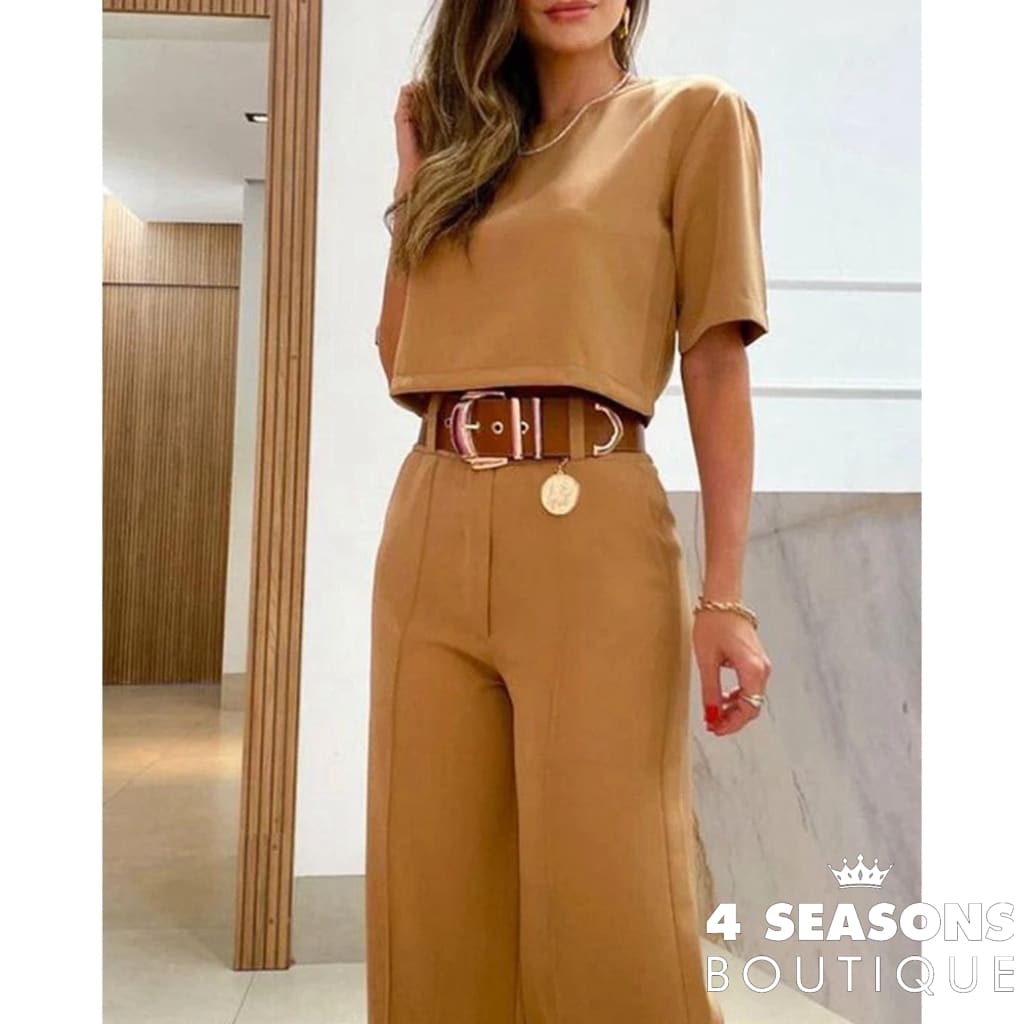 2023 Casual Women Half Sleeve Crop Top & Wide Leg Pants Set Summer Femme Office Lady Two Pieces Suit