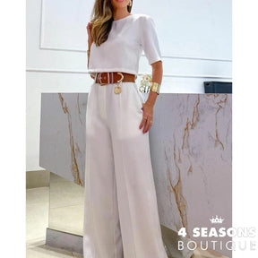 2023 Casual Women Half Sleeve Crop Top & Wide Leg Pants Set Summer Femme Office Lady Two Pieces Suit