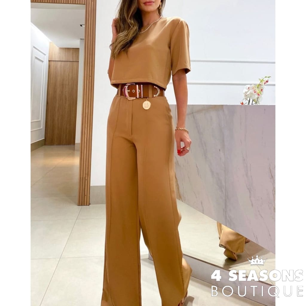 2023 Casual Women Half Sleeve Crop Top & Wide Leg Pants Set Summer Femme Office Lady Two Pieces Suit
