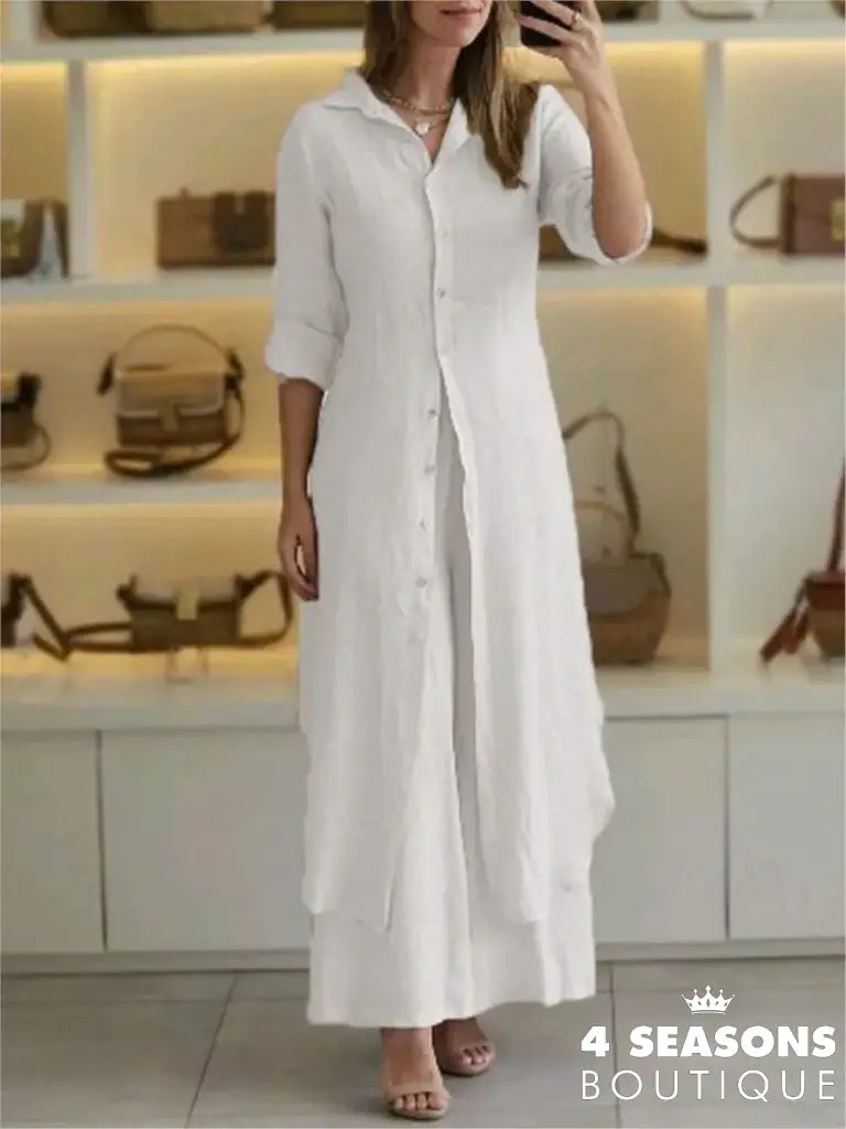 Spring Autumn Cotton Linen Loose 2 Piece Sets Casual Button Long Sleeved Women Outfit Elegant High